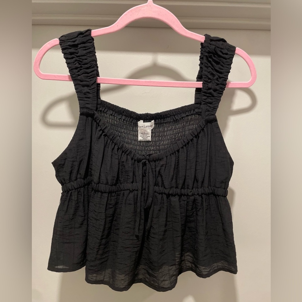 Lotus & Lavender Cropped Black Babydoll Cami Smocked Tank Top - L